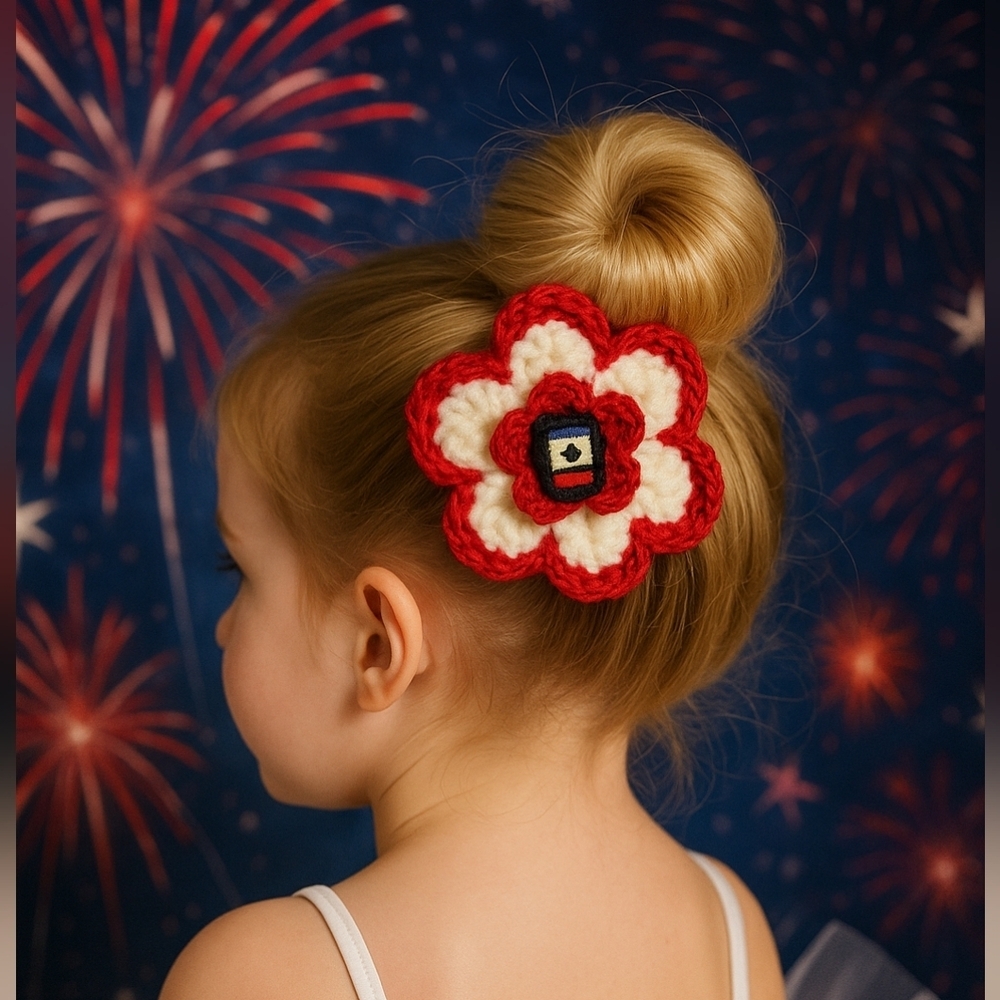 Hand Crafted Hair Accessory Patriotic Crochet Flower Brooch Alligator Clip 4"x4"